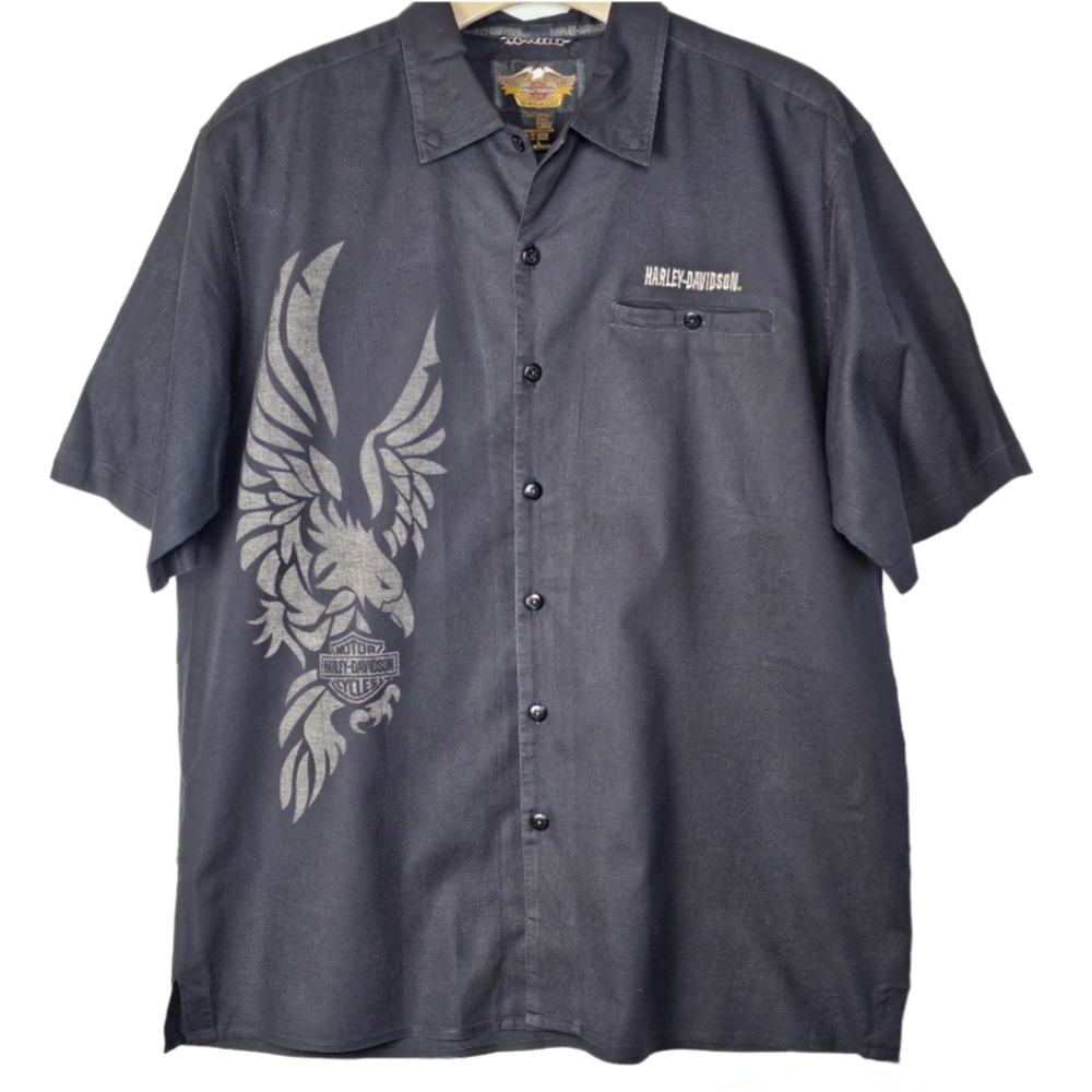 Harley Davidson Black Garage/Shop Button Down Shirt with Eagle, EUC, size Large